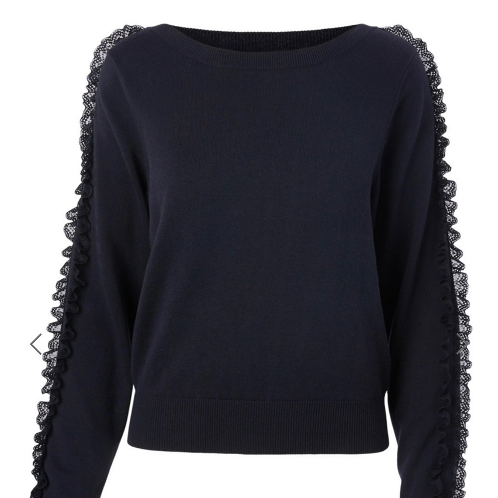 See By Chloe Dark Navy Lace Trim Ruffle Sleeve Crew Neck Sweater XS